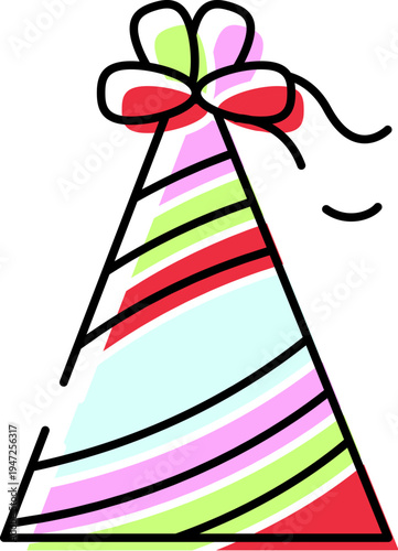 Party hat with vibrant stripes and a decorative bow on top, symbolizing fun, celebration, and festive cheer for special occasions and joyful gatherings
