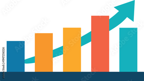 Colorful business bar chart with upward arrow showing growth and positive trend. Modern flat style data visualization concept suitable for analytics, finance, statistics 