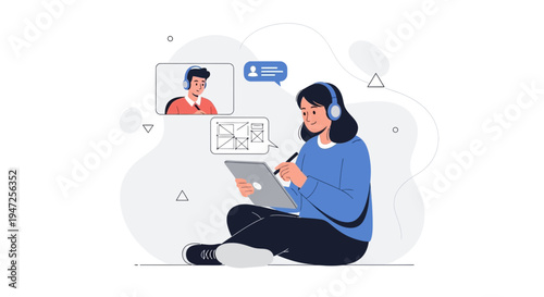 Woman learning online, using tablet and headphones, video call with tutor