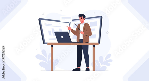 Man presenting with laptop and screens, business meeting, online presentation, digital marketing