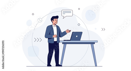 Man presenting online with laptop and speech bubble, modern flat illustration style