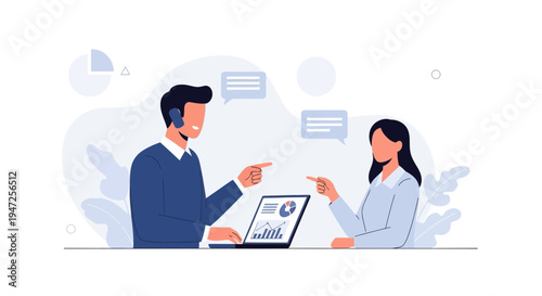 Business meeting, colleagues discussing data on laptop, teamwork, communication, office environment