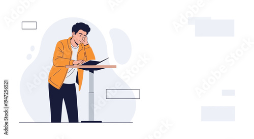 Young man studying at a desk, focused and thoughtful, modern illustration style
