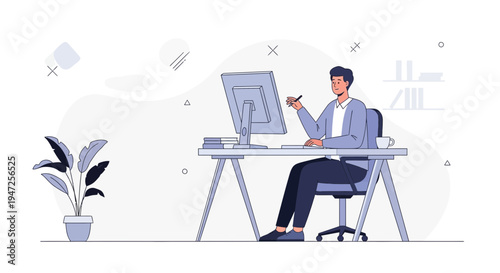 Man Working on Computer at Desk with Plant and Bookshelf - Modern Office Illustration