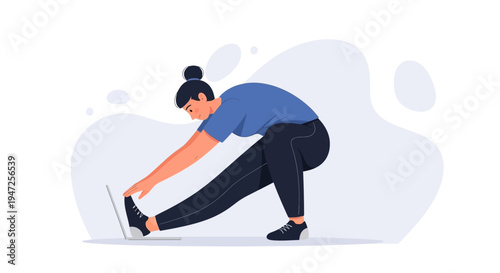 Woman stretching legs while working on laptop, home workout, healthy lifestyle