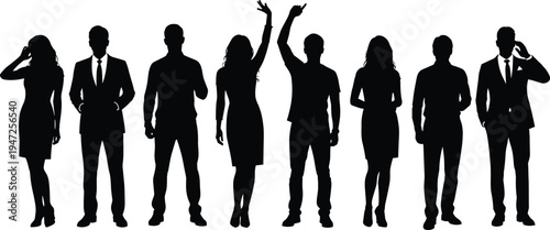 Business, people, silhouettes, professionals, team, standing, corporate, office, men, women, communication, success, leadership, workplace, employees, teamwork, businesspeople, meeting, company, 