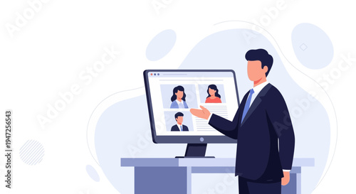 Man in suit presenting online meeting with participants on computer screen