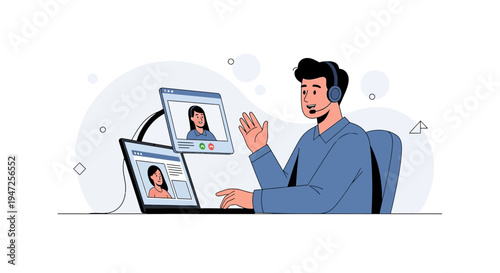 Man on video call with colleagues, online meeting, remote work concept