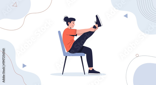 Woman stretching leg while sitting on chair, healthy lifestyle, fitness, exercise, illustration
