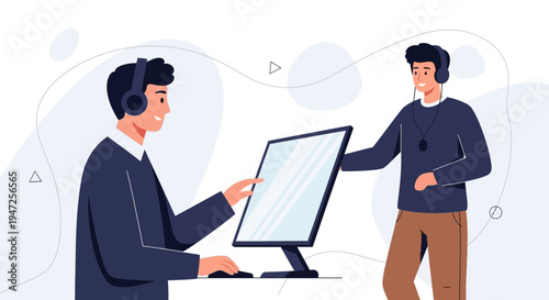 Two men with headphones working on a computer, collaboration and technology concept