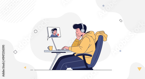 Young man in headphones video calling on laptop, online communication, remote work