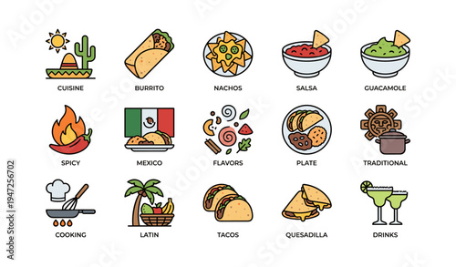 Mexican cuisine icons featuring tacos, burritos, salsa, and traditional elements