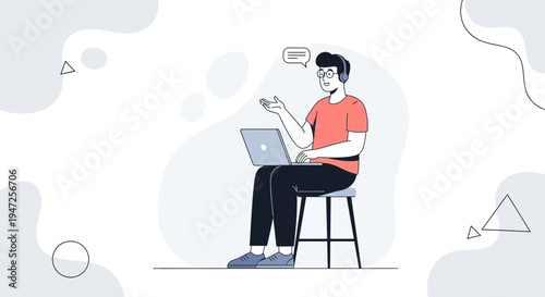 Man with headphones and laptop, online communication, remote work, illustration