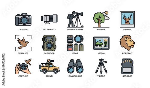 Icon set featuring camera, photography, nature, wildlife, and safari elements