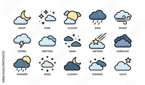 Weather icons: night, cloudy, rain, windy, meteor, calm, gloomy, shower, evening, storm
