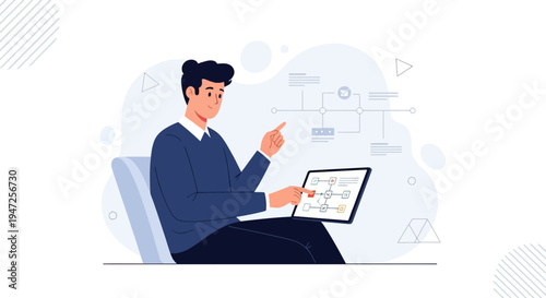 Man analyzing flowchart on tablet, business process optimization, workflow management