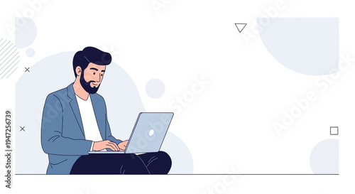 Man working on laptop, sitting cross-legged, modern minimalist background