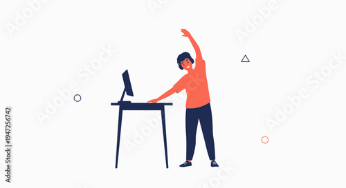 Person stretching at desk with computer, healthy work habits, flat design illustration