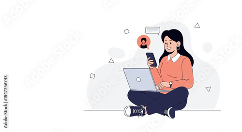 Young Woman Working Remotely with Laptop and Phone, Online Communication