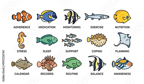 Cartoon fish illustrations representing various health and lifestyle concepts