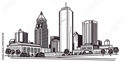 USA, US, U.S, United States - Atlanta skyline with modern skyscrapers minimalist monochrome panorama 