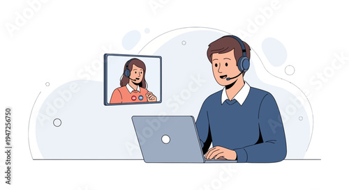 Online Meeting: Man with Headset on Laptop Connects with Woman via Video Call