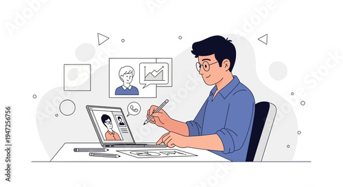 Young man working on laptop with video call, online learning, remote work concept