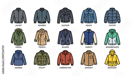 Variety of jacket styles: bomber, leather, denim, puffer, parka, trench, blazer, varsity, windbreaker