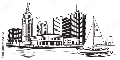 USA, US, U.S, United States - Baltimore harbor skyline minimalist black and white architecture poster