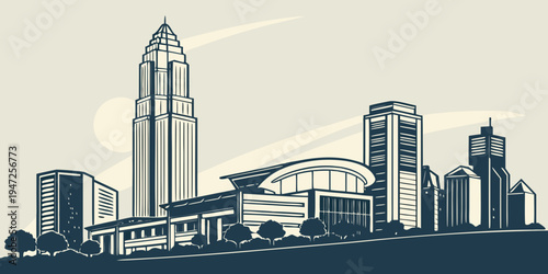 USA, US, U.S, United States - Charlotte modern skyline silhouettes minimalist monochrome panorama