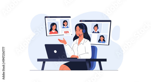 Woman in headset on video call with colleagues, remote work, online meeting, customer support