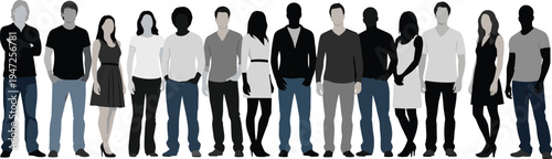 Diverse people group standing together, multicultural men women crowd, community unity concept, teamwork society lifestyle, isolated vector illustration