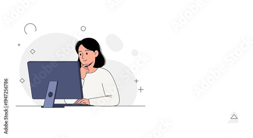 Young woman working on computer, focused and thoughtful, minimalist illustration
