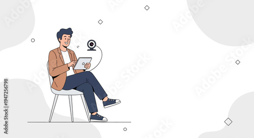 Man using tablet with webcam for video call, remote work concept illustration