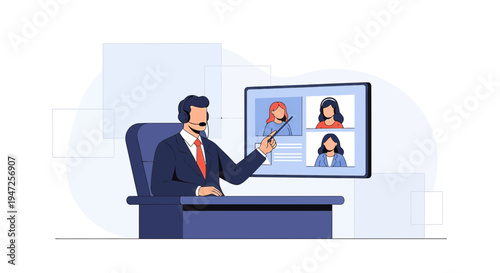 Man in suit with headset leading video conference call with three women