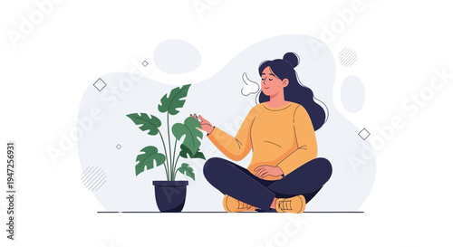 Woman Meditating with Plant, Peaceful Mind, Healthy Lifestyle, Nature Connection