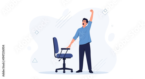 Man stretching and yawning, office chair, success, break, tired, energetic