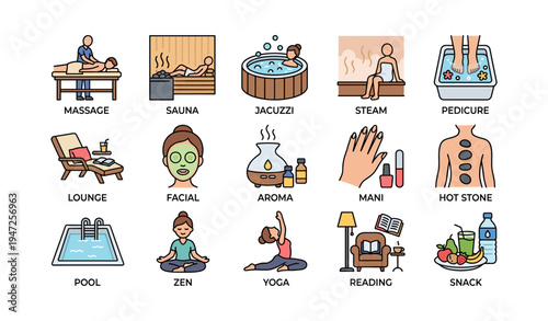 Spa wellness icons: massage, sauna, & relaxation activities