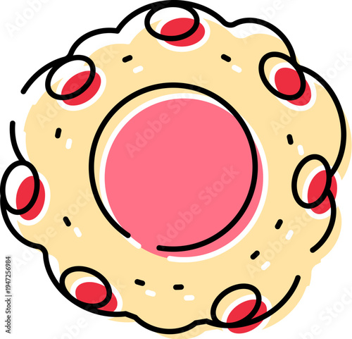 Thumbprint cookies with a pink jam filling and decorative small circles around the edge, created in a delightful doodle line art style, perfect for sweet snack concepts