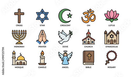 Religious symbols including cross star crescent om lotus menorah and more