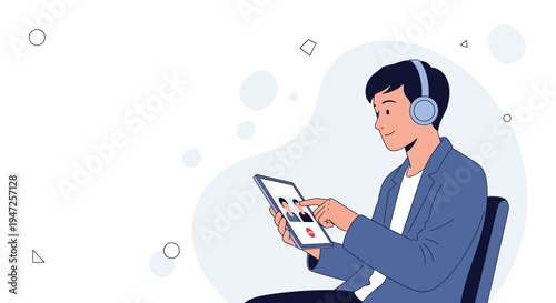 Young man in headphones video calling on tablet, online communication, remote work, modern technology