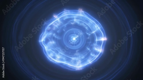 Abstract glowing plasma ball with radiating energy waves on dark background