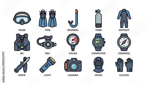 Diving equipment collection: mask, fins, snorkel, wet suit, and more