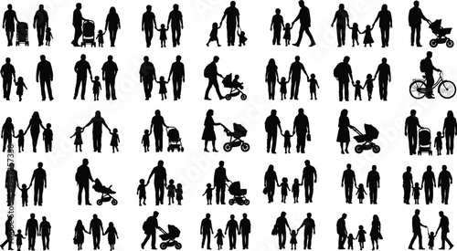 Family, silhouettes, parents, children, walking, stroller, parenting, lifestyle, togetherness, motherhood, fatherhood, childcare, people, icons, set, love, care, childhood, bonding, relationship