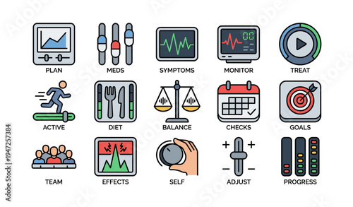 Colorful health and fitness management icons depicting plan, meds, symptoms, and progress