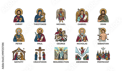 Icons of christian figures and events: saints, archangels, and key biblical moments