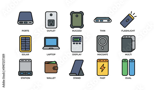 Collection of modern electronics and gadgets with ports, outlets, and solar panels