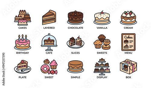 Variety of desserts and cakes illustrations featuring slices, cupcakes, and pastries
