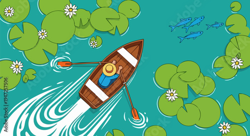 Top-down vector illustration of a person in a brown wooden rowboat with orange oars, navigating through a blue pond with green lily pads and white water lilies