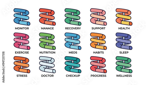 Colorful icons representing health and wellness concepts in a grid layout